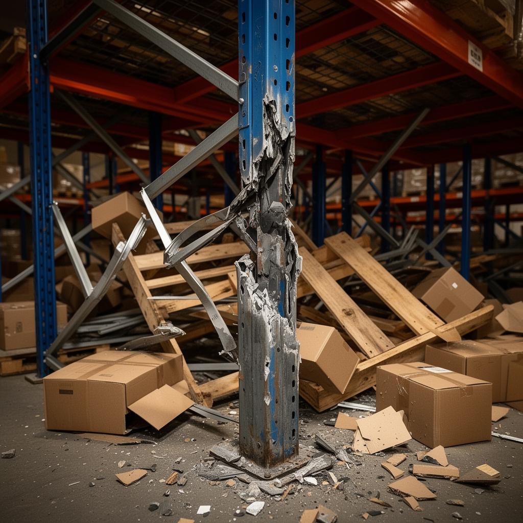 Coluna de porta palete amassada por impacto de empilhadeira