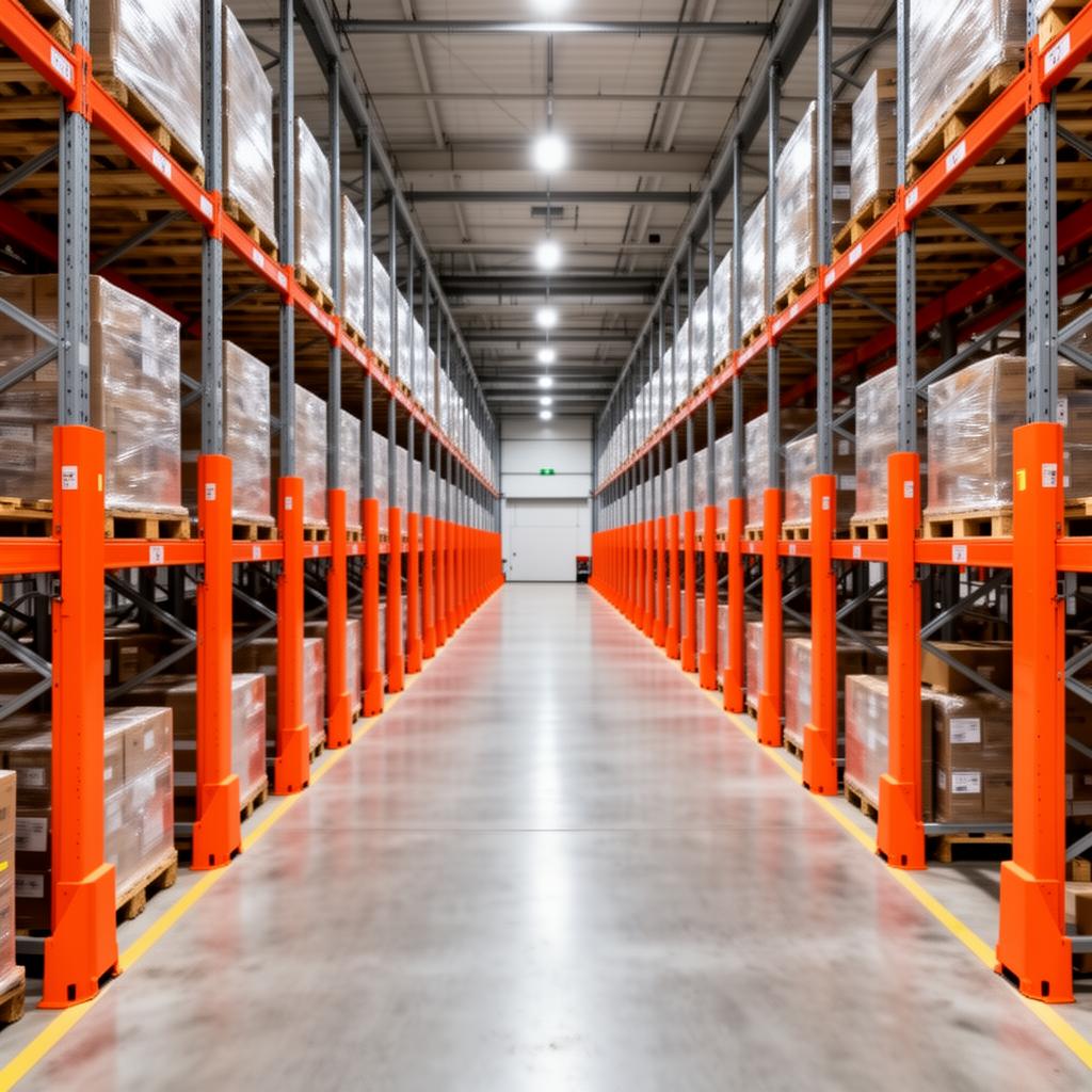 Aisle de centro de distribuição com protetores instalados em série